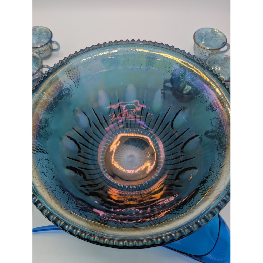Indiana Glass Harvest Grape Blue Carnival Glass Punch Bowl Set 12 Cups Ladle
